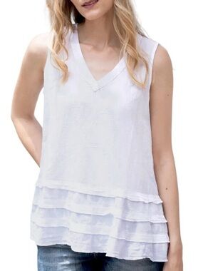 Gretty Zueger Rayet White Cotton Ruffle V-Neck Tank Top - S